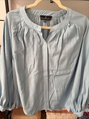 Pomander Place Light Blue Gathered Button-Front Blouse